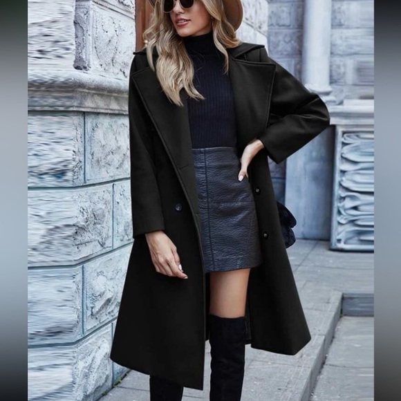 Plus Solid Double Breasted Overcoat Warm Outwear Jacket Pea Trench Coat - Picture 4 of 15